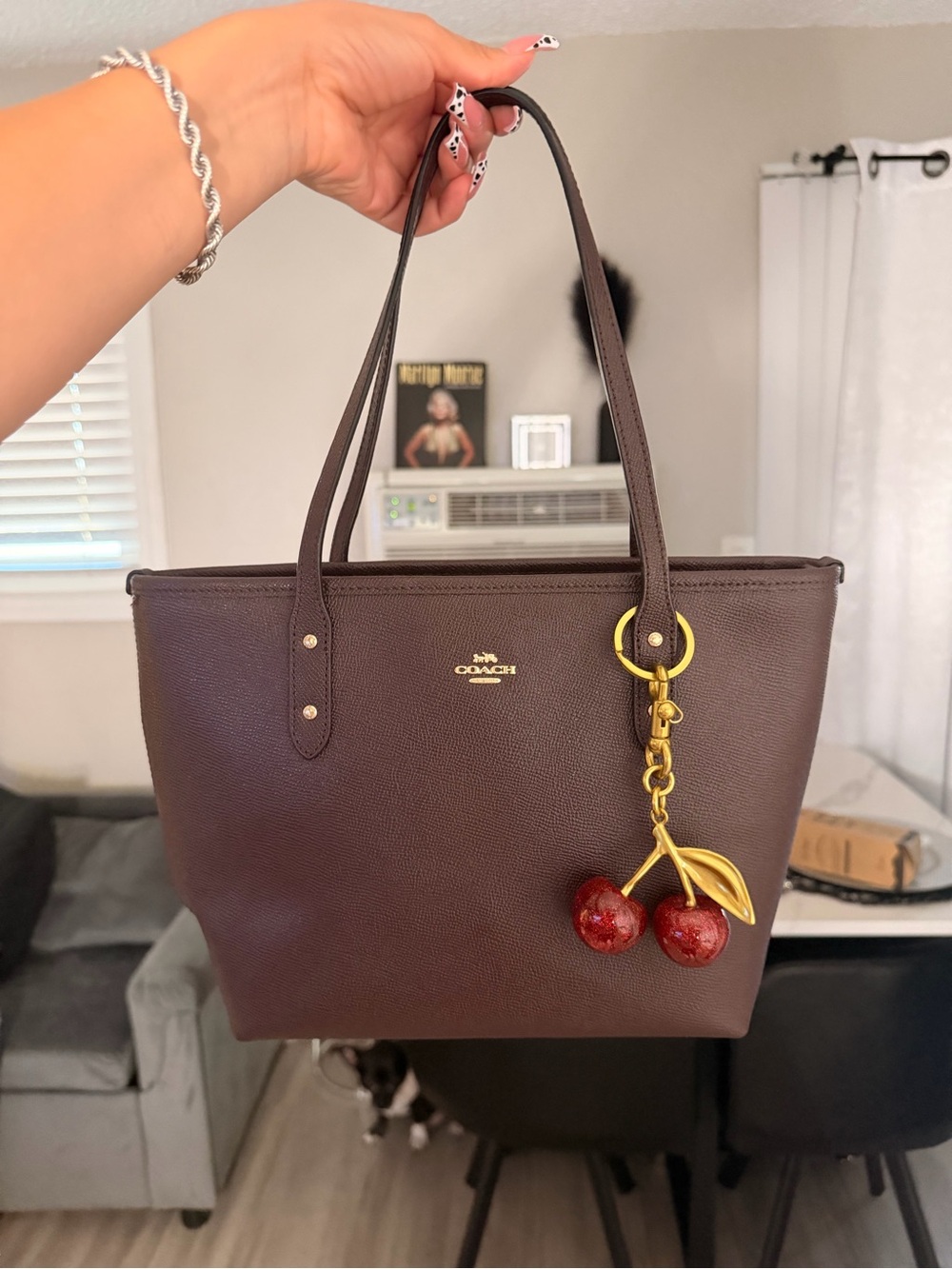 Coach Dark Brown Leather Tote with Cherry Charm